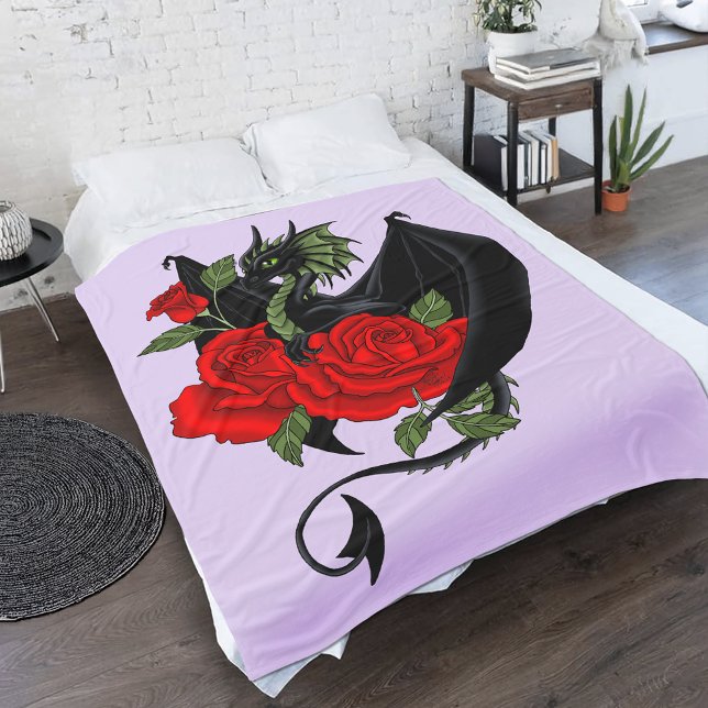 Manta Polar Dragón Negro Mitológico Rosas Rojas Lavanda Gótico (Subido por el creador)