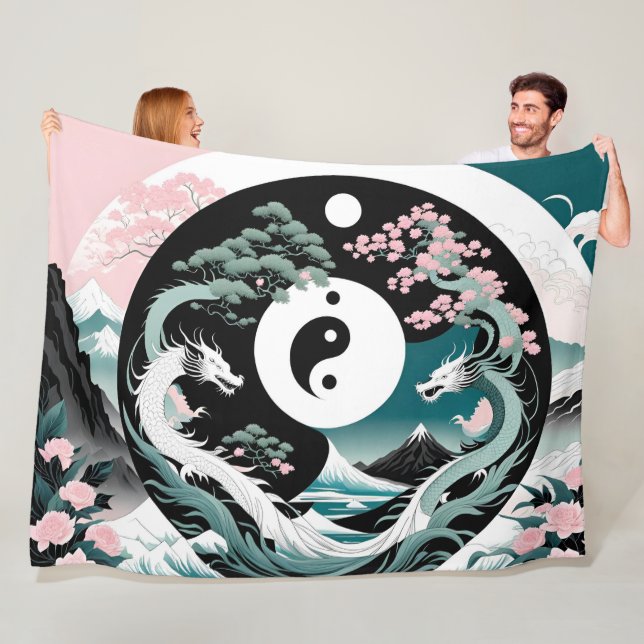 Manta Polar Dragones rosas y Verde azulados Paisaje asiático y (In situ)