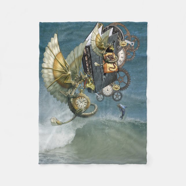 Manta Polar Dragones Steampunk y delfines Panel de arte en par (Anverso)