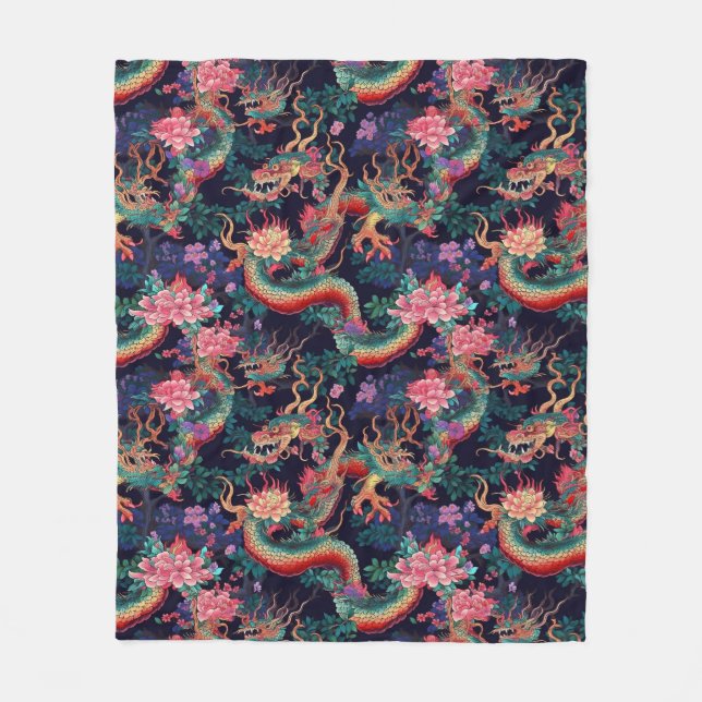 Manta Polar Dragones y flores de neón (Anverso)