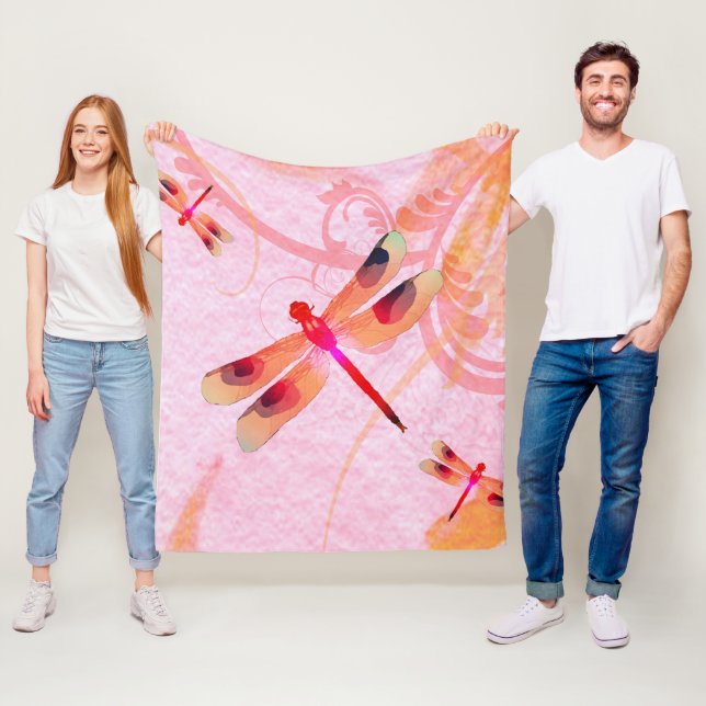 Manta Polar Dragonflies On Pink Fleece Blanket (In situ)
