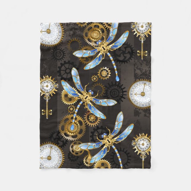 Manta Polar Dragoniscos de Steampunk sobre fondo rayado marrón (Anverso)