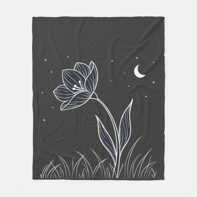 Manta Polar Dreamy Moonlit Flower Line Art con estrellas (Anverso)