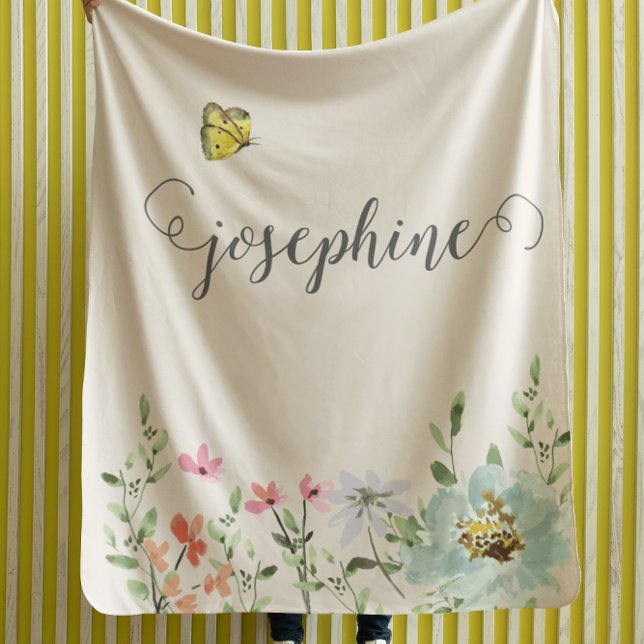Manta Polar Dulce acuarela Floral Mariposa Chica Personalizado (Baby girl floral personalized blanket.)