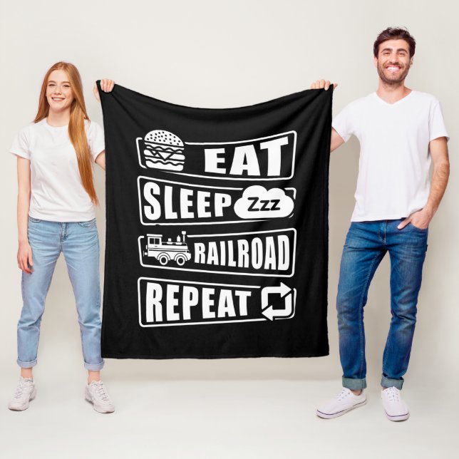 Manta Polar Eat Sleep Railroad Repeat Steam Train Fleece Blank (In situ)