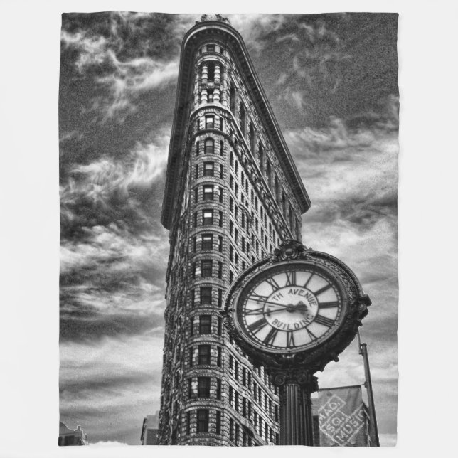 Manta Polar Edificio Flatiron y reloj en blanco y negro (Anverso)