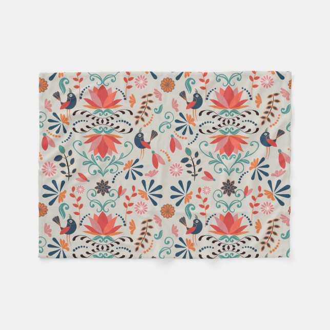 Manta Polar El arte folclórico azul pájaro rojo (Frente (Horizontal))