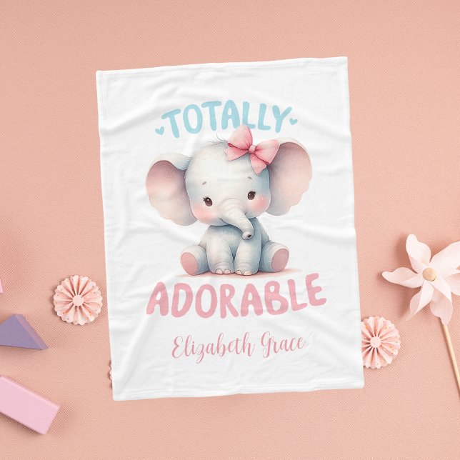 Manta Polar El bebé elefante rosa gris rosado personalizado (Baby Elephant Pink Gray Totally Adorable Personalized Baby Blanket Fleece for baby girl)