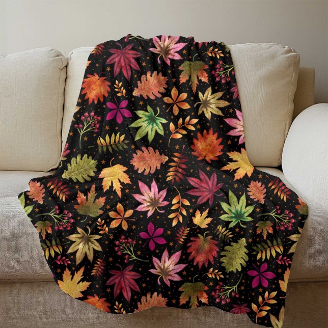 Manta Polar El patrón de las hojas de otoño de la cosecha en n (Harvest Fall Autumn Leaves Pattern on Black Fleece Blanket)