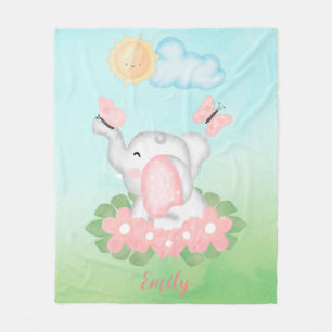 Manta Polar Elefante bebé lindo con flores rosas