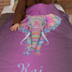 Manta Polar Elefante de Mandala colorido con nombre personaliz