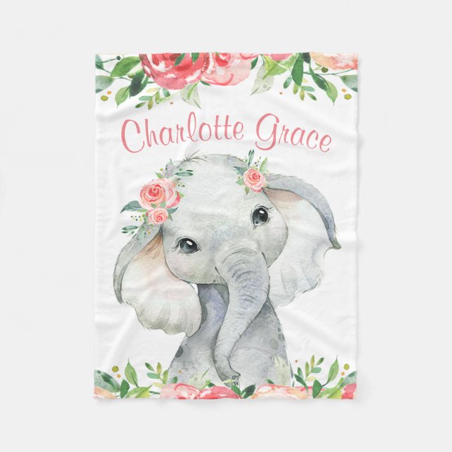 Manta Polar Elefante floral acuarela chica personalizada (Anverso)