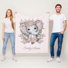 Manta Polar Elefante Lindo Floral Rosa Verde Nombre del Niño