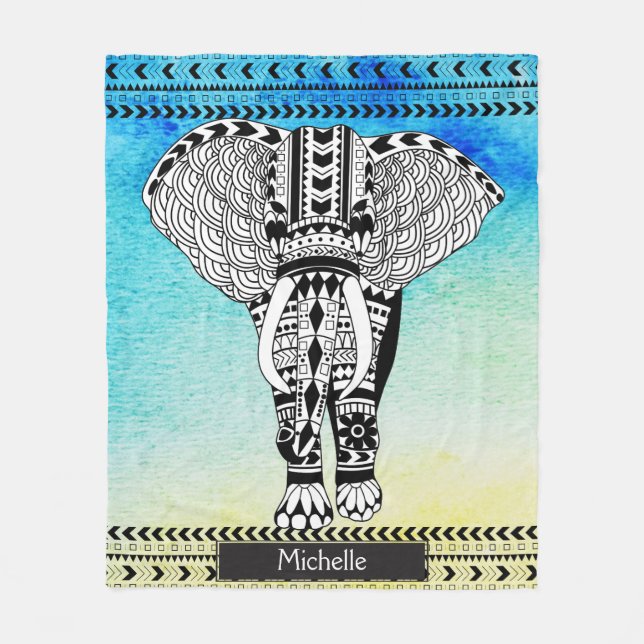 Manta Polar Elefante modelado tribal de la acuarela amarilla (Anverso)