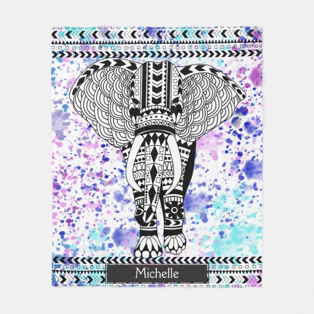 Manta Polar Elefante modelado tribal de la acuarela verde (Anverso)