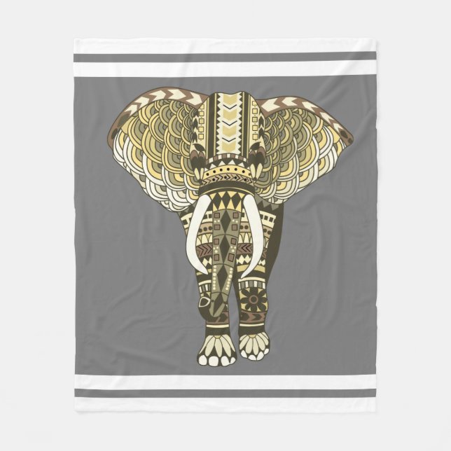 Manta Polar Elefante tribal amarillo y gris (Anverso)