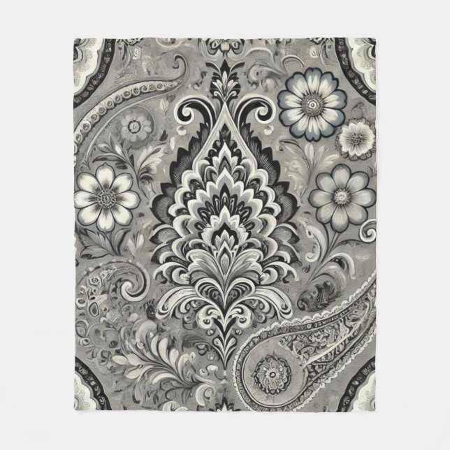 Manta Polar Elegancia de paisley floral negra y gris (Anverso)