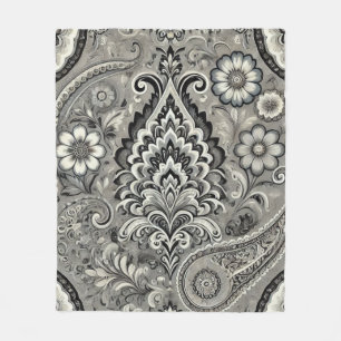 Manta Polar Elegancia de paisley floral negra y gris