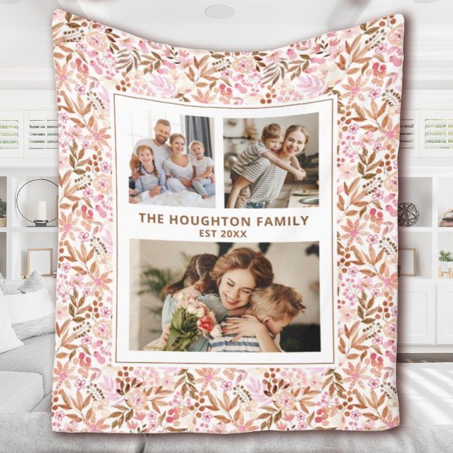 Manta Polar Elegant Botanical Floral Family Photo Collage (A pretty floral family photo blanket. Personalize it with 3 photos & your name and established date.)