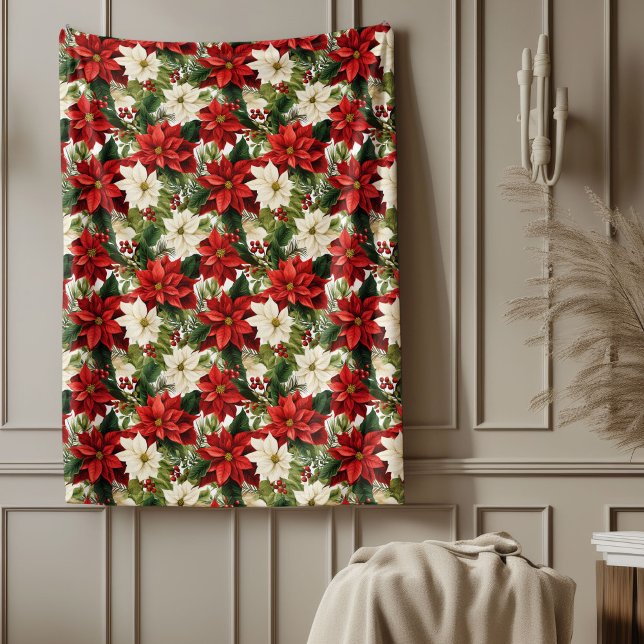 Manta Polar Elegant Christmas Red and White Poinsettia (Elegant Christmas Red and White Poinsettia Fleece Blanket)