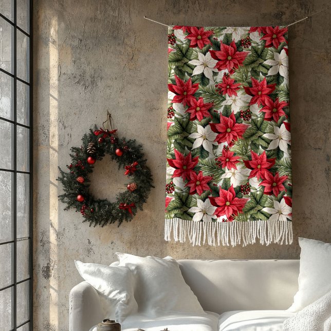 Manta Polar Elegant Christmas red and white poinsettia Holiday (Elegant Christmas red and white poinsettia Holiday Fleece Blanket)