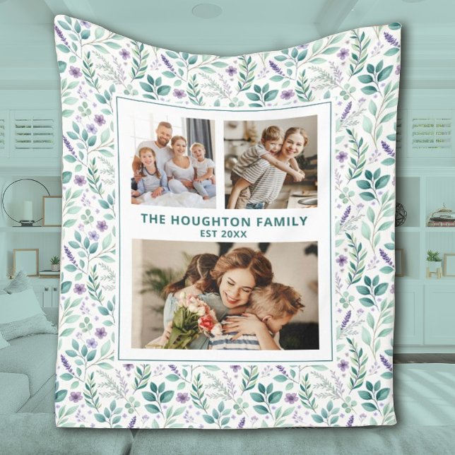 Manta Polar Elegant Eucalyptus Floral Family Photo Collage (Pretty family photo blanket with a eucalyptus floral background. Personalize it with 3 photos & name)