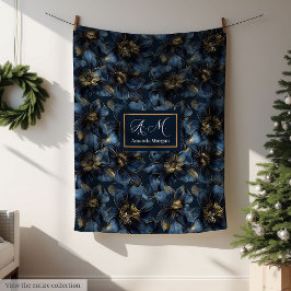 Manta Polar Elegant Navy Gold Blanket Custom Name Floral Art