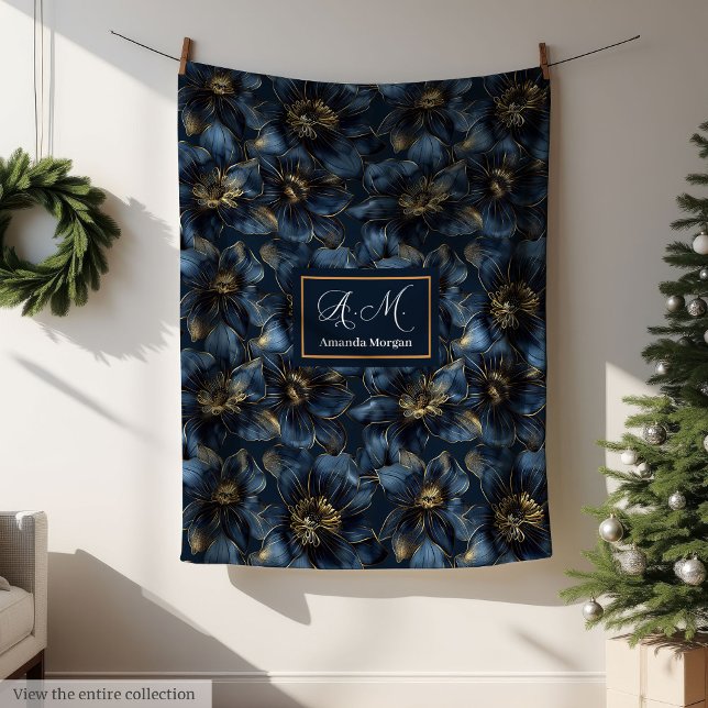 Manta Polar Elegant Navy Gold Blanket Custom Name Floral Art (Elegant Navy Gold Blanket Custom Name Floral Art)
