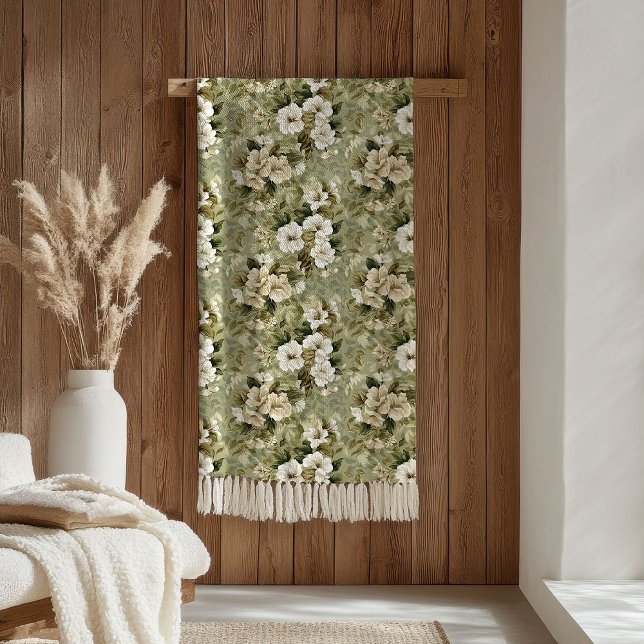 Manta Polar Elegant sage green and white flowers blanket (Elegant sage green and white flowers blanket)