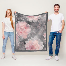 Manta Polar Elegant Vintage Floral Lace Pattern Pink and Grey