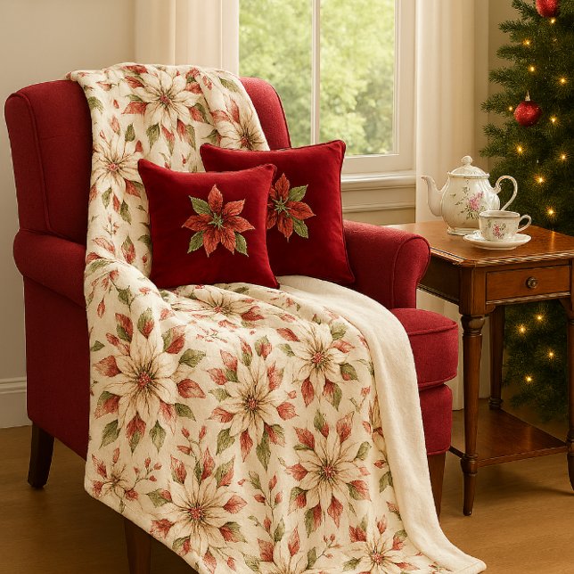 Manta Polar Elegant Vintage Poinsettia Winter  (Warm and cozy elegant poinsettia fleece blanket )