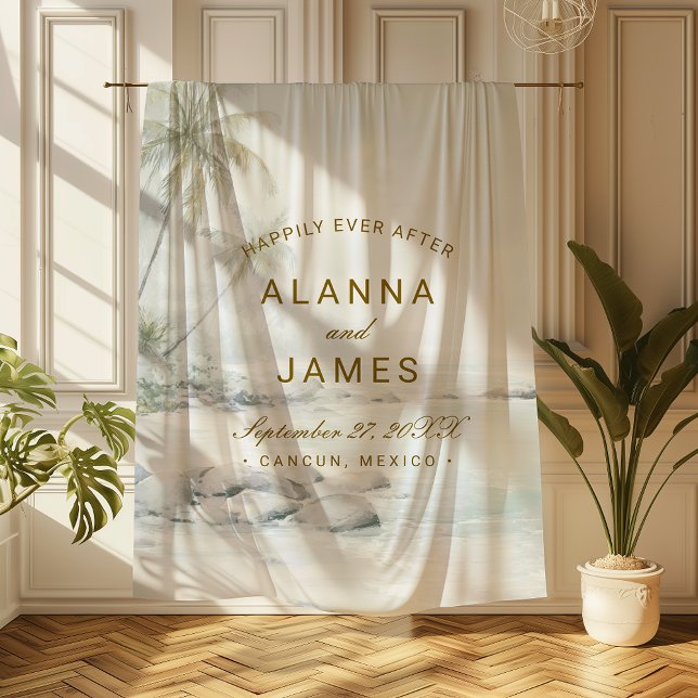 Manta Polar Elegant Watercolor Palm Beach Wedding Keepsake (Beach-themed wedding tapestry with “Alanna and James” text hanging in a sunlit room.)