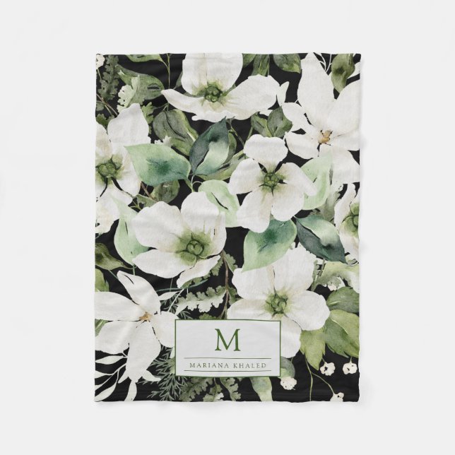 Manta Polar Elegante acuarela floral blanco y negro (Anverso)