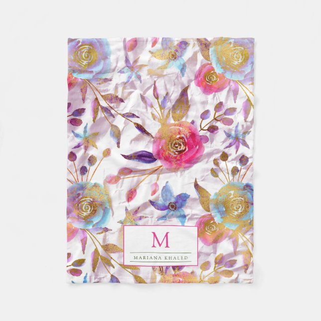 Manta Polar Elegante acuarela floral rosa y blanco (Anverso)