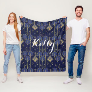 Manta Polar Elegante Art Decó Azul Y Oro