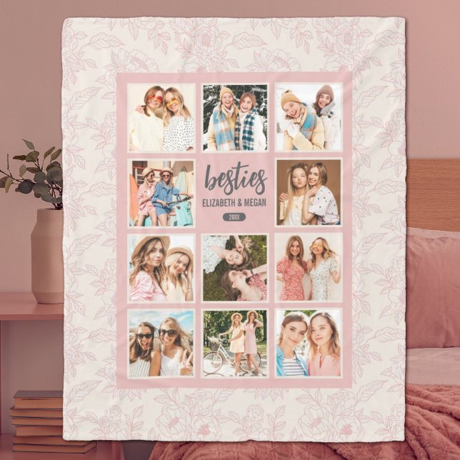 Manta Polar Elegante Besties BFF Collage de fotos rosa con nom (A pretty, pink feminine best friend photo collage blanket. A perfect gift for a birthday.)
