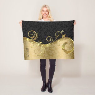 Manta Polar Elegante Black Damask Gold Swirls