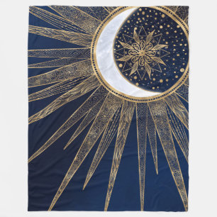 Manta Polar Elegante Blue Gold Sun Moon Mandala