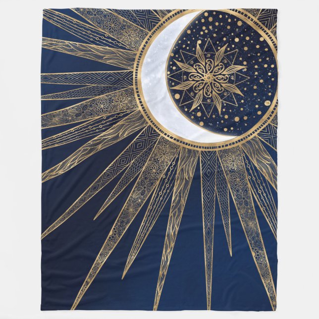 Manta Polar Elegante Blue Gold Sun Moon Mandala (Anverso)