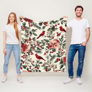 Manta Polar Elegante cardenal rojo, crema botánica de invierno