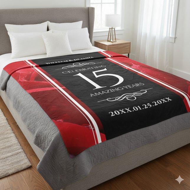Manta Polar Elegante celebración del 15° Rosa de aniversario d (15th Rose Wedding Anniversary Fleece Blanket Cover Photo)