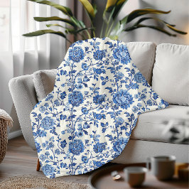 Manta Polar Elegante Chinoiserie floral azul y blanco