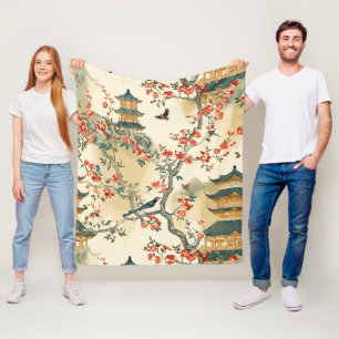 Manta Polar Elegante Chinoiserie - Pagodas, Flores y Aves