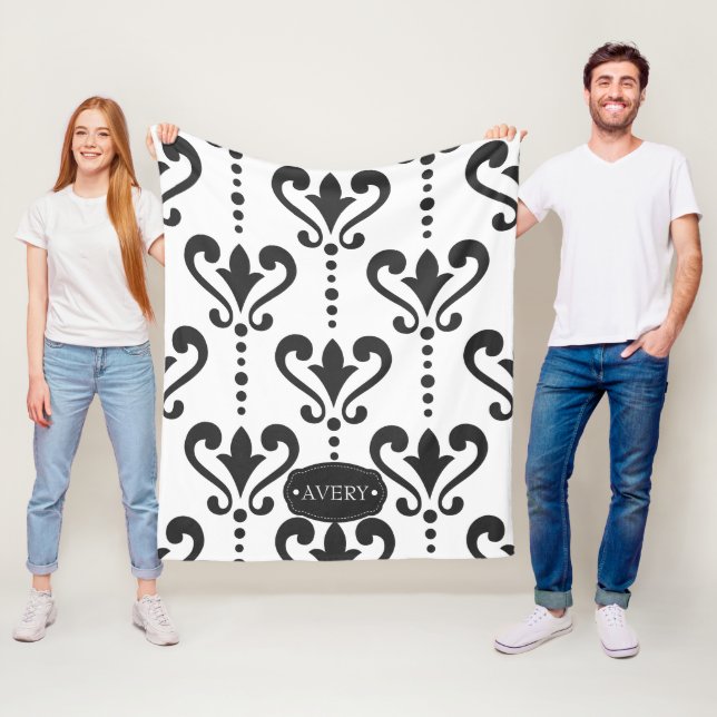 Manta Polar Elegante Damasco blanco y negro personalizado (In situ)