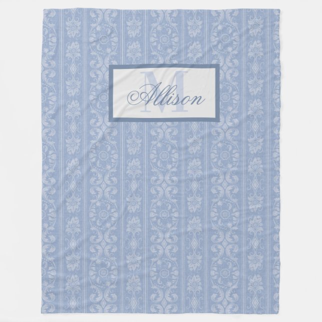 Manta Polar Elegante Damasco Floral Azul y Blanco Monogramado (Anverso)