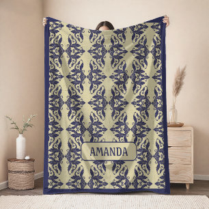 Manta Polar Elegante damasco vintage azul navy amarillo monogr