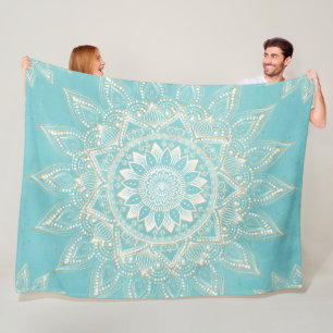 Manta Polar Elegante diseño azul cielo de Mandala dorado blan