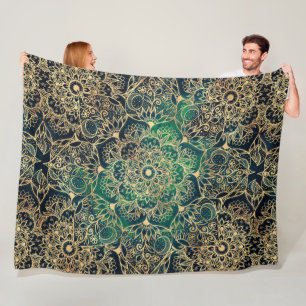 Manta Polar Elegante dorado Mandala Floral Verde Azul