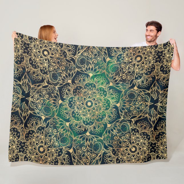 Manta Polar Elegante dorado Mandala Floral Verde Azul (In situ)