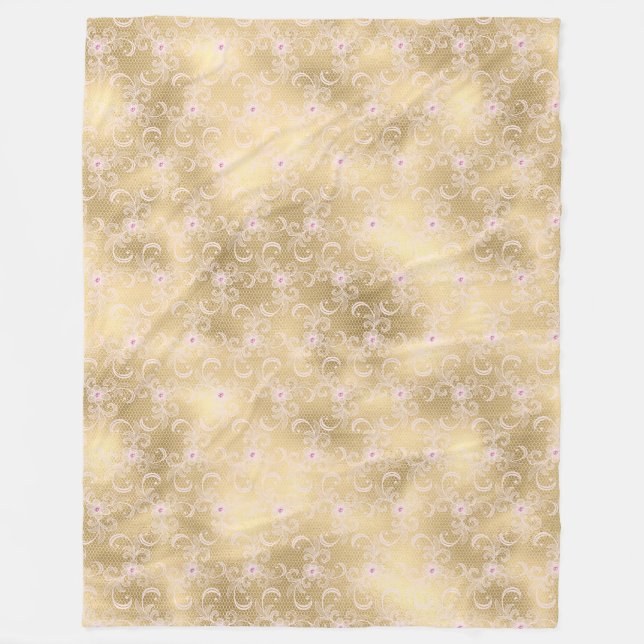 Manta Polar Elegante encaje floral rosa y dorado (Anverso)